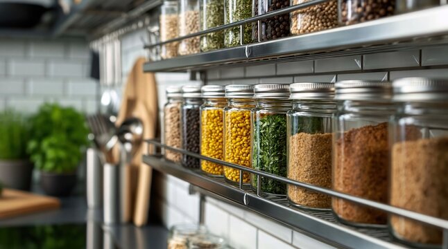 Spice rack with glass jars of herbs and spices organized in a modern kitchen shelf