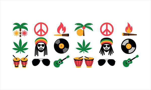 Colorful Reggae Icons and Symbols on White Background music culture