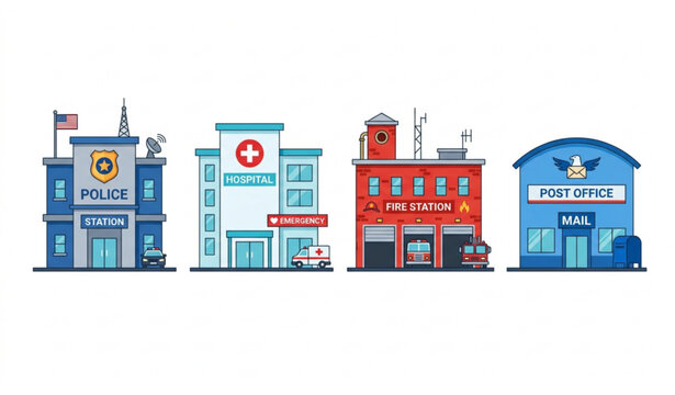 City building icons set police hospital fire station post office vector illustration isolated white background