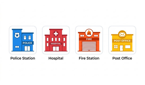 Hand drawn city building set police hospital fire station post office vector illustration isolated white background
