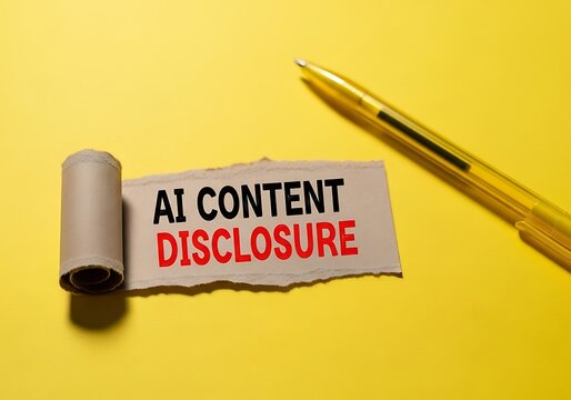 Torn paper with a i disclosure text and gold pen on yellow background