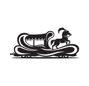 Black and white graphic of a decorative parade float with a stylized horse drawn animal shaped festival decoration ornamental