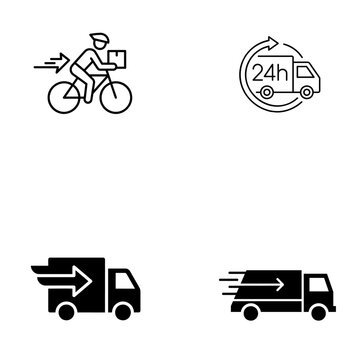 Fast Delivery Icons Set. Express Shipping, Courier Truck, 24 Hour Delivery, Logistics Vector Collection