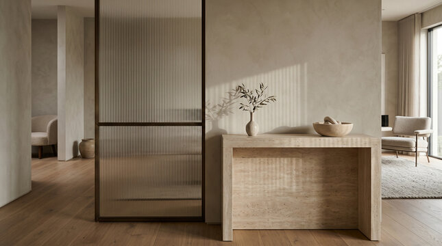 Ribbed glass partition beside travertine console creating delicate shadows within warm sophisticated minimalist interiors beautifully