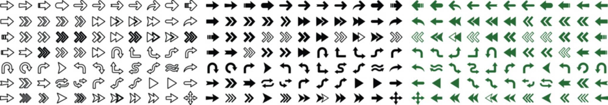 Modern Arrow Icon Set, diverse collection of black and green directional arrows, pointers, and navigation symbols; essential vector graphics for UI/UX design, web interfaces, and infographics