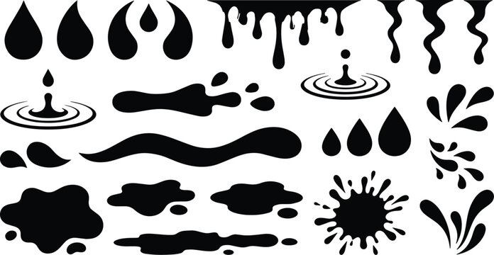 Black liquid drops and splashes vector set, ink blot elements, paint drip collection, water ripple and splatter shapes, graphic resource for design projects