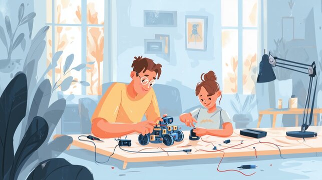 Father and Daughter Building Robot: A father and daughter work together, engrossed in assembling a small robot at a desk.