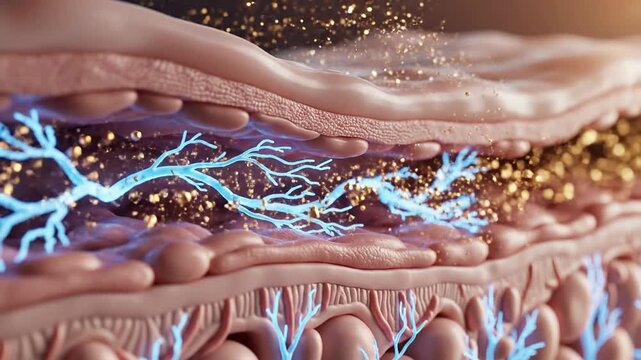 Detailed Visualization of Skin Layers with Glowing Electrical Impulses and Golden Particles for Health and Science Concepts