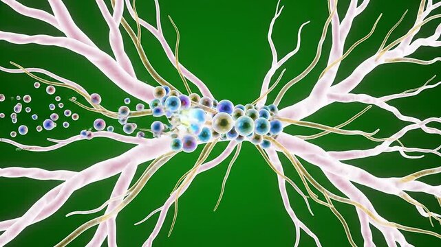 Digital Illustration of Neurons and Synapses with Colorful Cells on Green Background for Scientific and Educational Applications