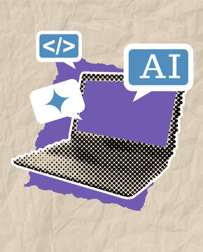 Trendy Halftone Collage of Laptop with AI Search Prompt and Code Speech Bubbles. Artificial Intelligence Digital Searching Concept with AI Powered Search Engine and Generated Content Mixed Media Vecto