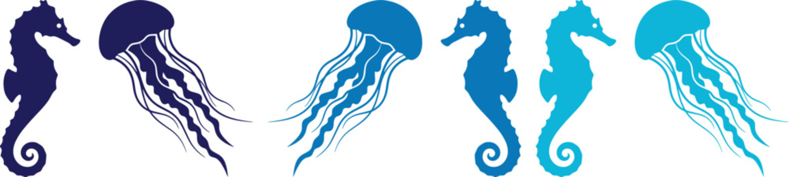 Oceanic Seahorse and Jellyfish Vector Set, marine life silhouettes in deep blue and turquoise, underwater animal collection for summer designs, aquatic themes