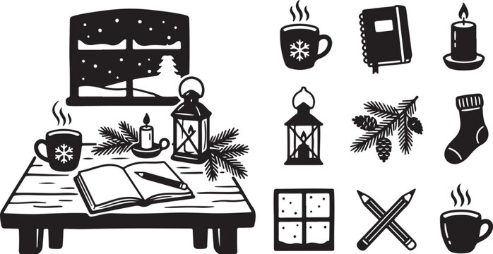 Cozy winter scene with table and festive holiday icons