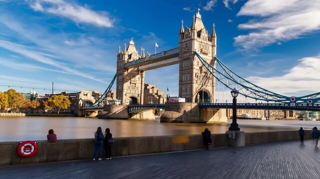 Tower Bridge in London, UK, United Kingdom. Time lapse. People walking.