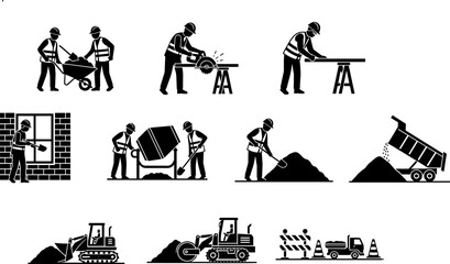 Construction workers and heavy machinery silhouettes showing bricklaying, excavation, roadwork, wheelbarrow tasks, bulldozer pushing, and teamwork illustration © urmilarani