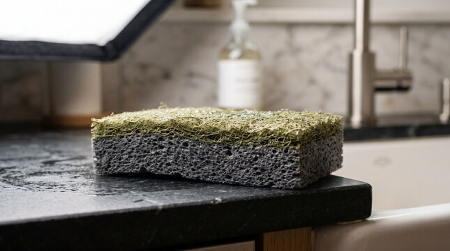 Sophisticated kitchen sponge side profile highlighting exquisite fiber details beneath luxurious contemporary studio lighting arrangements
