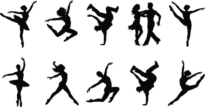 Dance Silhouette Collection with Ballet Contemporary and Partner Performance Poses for Artistic Movement and Entertainment Design Projects