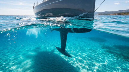 Sleek sailboat keel slicing crystal Mediterranean waters revealing luminous underwater elegance and nautical luxury experiences