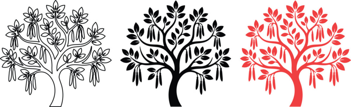 Stylized Bodhi Tree Vector Set, sacred fig tree with heart-shaped leaves and hanging pods, spiritual symbol illustration for meditation, yoga, and wellness designs, black, red