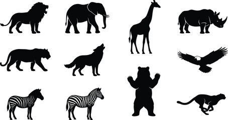 Minimalist black animal silhouettes featuring lion, elephant, giraffe, rhinoceros, tiger, wolf, eagle, bear, zebra, and cheetah for creative design use © urmilarani