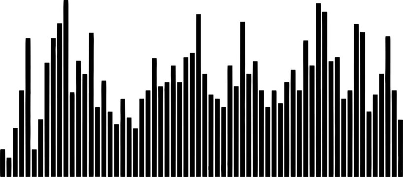 Minimalist black bar graph silhouette illustration, isolated vector histogram design showing irregular peaks and valleys for data visualization concepts