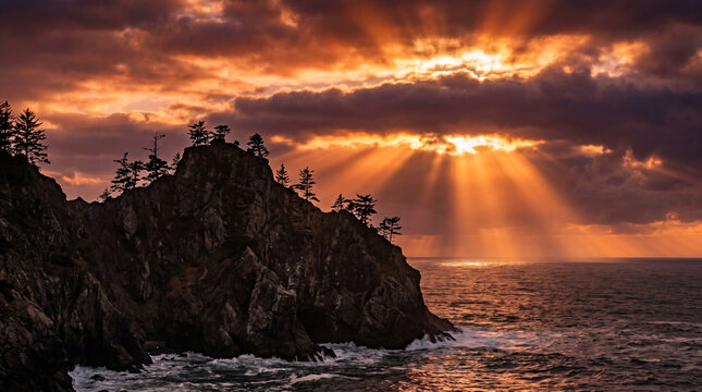 Majestic cliff promontory adorned with sparse pine silhouettes set against a fiery dramatic evening sky