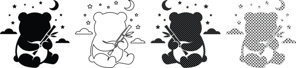 Charming panda bear playing guitar vector set, cute animal character illustration for children's designs, black and white line art, and halftone graphic resources © Farzana