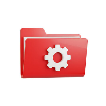 Red folder with a white gear icon on the front, representing organization and settings, isolated on transparent background.