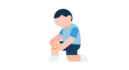 Fototapeta premium A vector illustration of a young boy in a blue shirt kneeling down to apply an adhesive bandage to a scraped, bleeding knee.