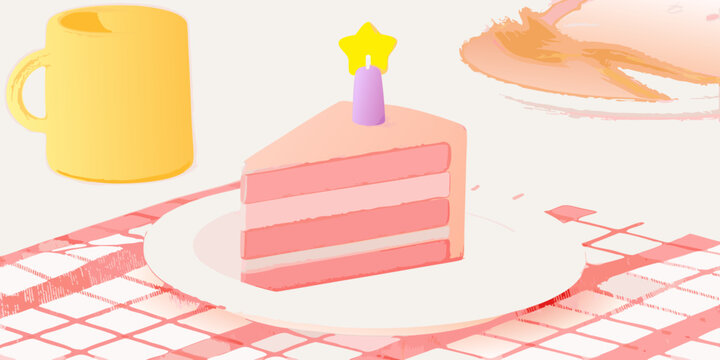 Slice of cake with candle mug and pink tablecloth illustration
