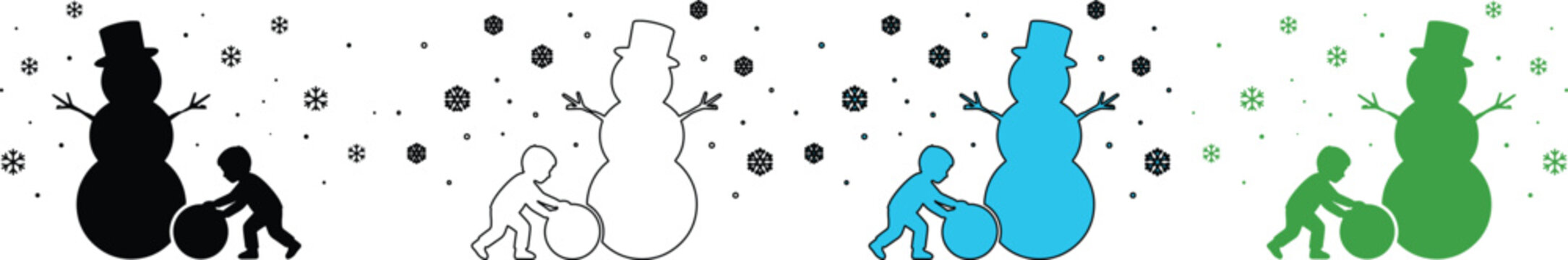Snowman and Child Building Snowball Vector Set, Winter Holiday Fun, Christmas Season Activities, Festive Snow Play Illustration Pack
