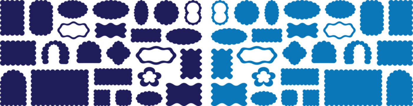 Decorative Stamp Shapes Vector Collection. Assorted Blue and Navy Blue Frames, Labels, and Borders. Versatile Graphic Elements for Design Projects, Scrapbooking, and Branding.