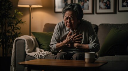 Fototapeta premium Elderly woman sitting on a couch, clutching her chest in apparent pain or distress in a dimly lit living room.