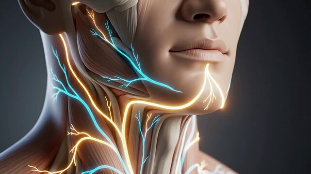 Illuminated Anatomical Illustration of Human Neck Featuring Detailed Muscles and Nerves on a Plain Background