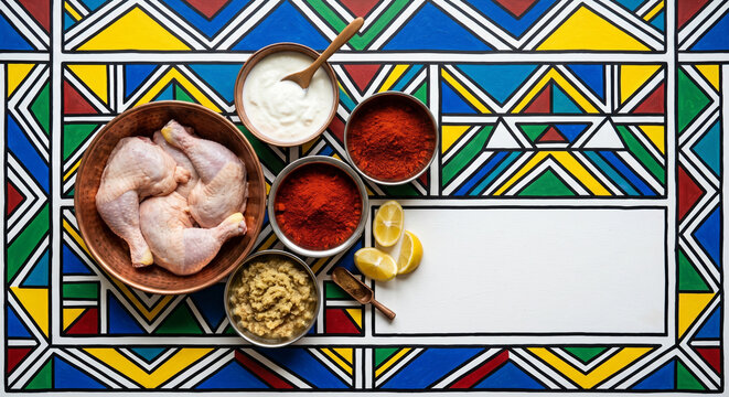 Overhead photo of Tandoori Chicken ingredients on Ndebele bold geometric pattern, bottom right copy space