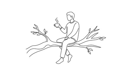 Obraz premium Man sitting on tree branch with coffee cup, enjoying nature, minimalist line art
