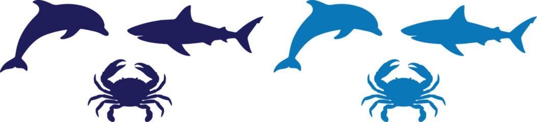 Marine animal silhouettes vector set, deep blue and light blue ocean creatures, dolphin, shark, and crab icons, perfect for summer, beach, or aquatic themes © Farzana