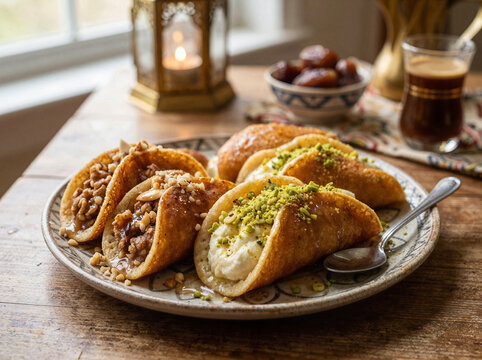 Traditional ramadan qatayef sweet pancakes filled with cream and nuts