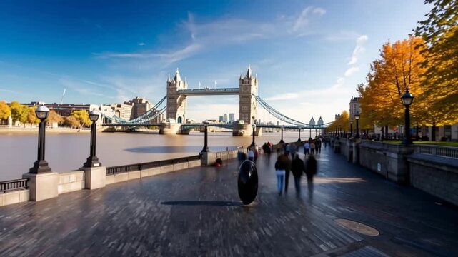 Tower Bridge in London, UK, United Kingdom. Time lapse. People walking.