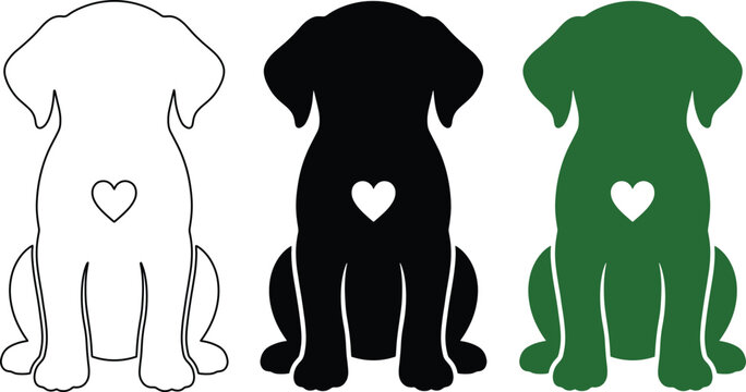 Cute Labrador Retriever dog silhouette vector set, three pet puppy illustrations with heart detail, perfect for animal lovers and pet-themed designs.
