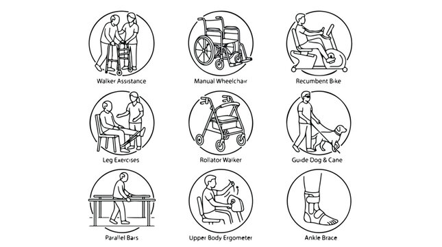 Physical therapy icons set, medical rehabilitation equipment line art, 9 disability assistance and mobility aid vector illustrations for healthcare