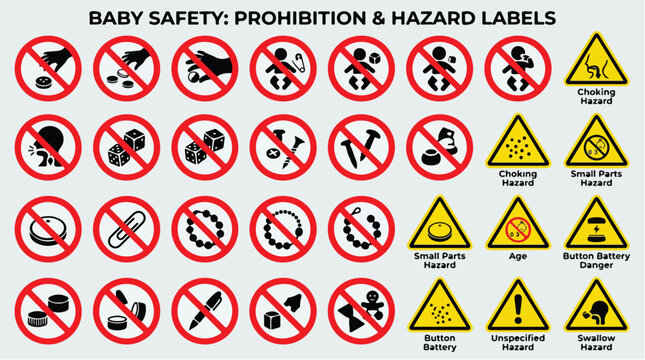 Baby safety prohibition and hazard labels, set of 29 warning icons for choking hazards and small parts, red and yellow caution signs for child protection