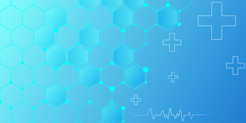Obraz premium Blue abstract medical background with elegant geometric hexagon network structure, health cross. Creative idea for medical, technology, or science design.
