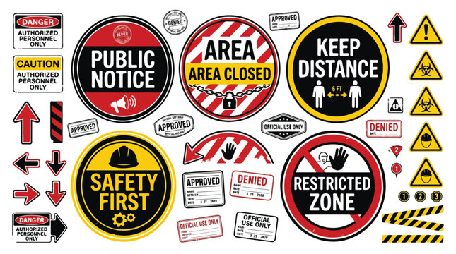 Industrial safety signs and warning labels collection, restricted zone and public notice vector set, caution and danger site symbols for construction