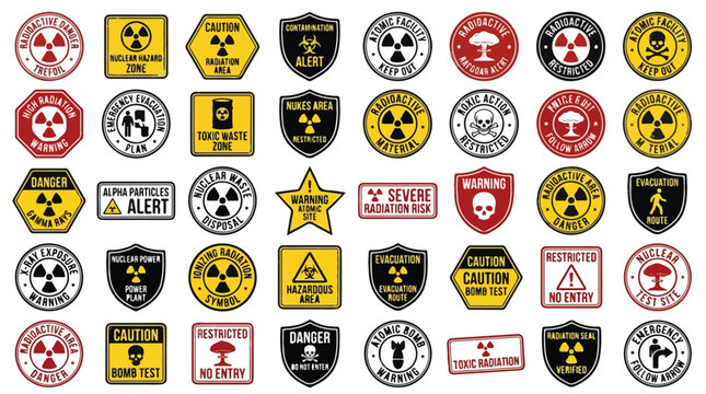 Radiation warning signs and nuclear hazard symbols set, 40 industrial danger icons in yellow and red, toxic waste and biohazard alert vector graphics
