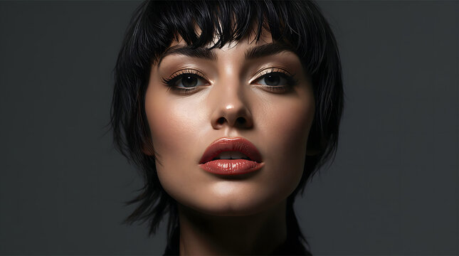 Modern editorial portrait of a stylish woman with short hair