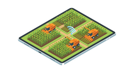 Isometric tablet displaying farmland with harvesting machinery © Victoria hub