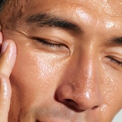 Fototapeta premium Asian male beauty model applying skincare serum on glowing dewy face close up