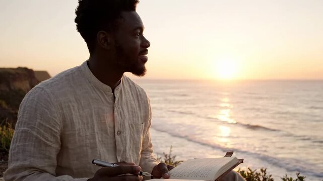 Young Black man writing in a notebook on a coastal cliff at sunset while looking out at the ocean