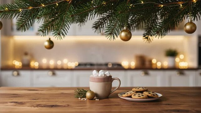 Cozy kitchen scene with steaming hot cocoa marshmallows chocolate chip cookies and festive golden ornaments on pine branches
