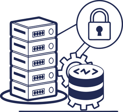 Data security illustration server protection with lock and gears